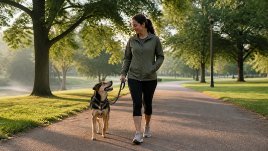 Dog owner and mixed-breed dog walking together in a park on National Dog Day
