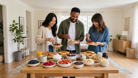 Three friends sharing a self-serve waffle bar at home on National Waffle Day