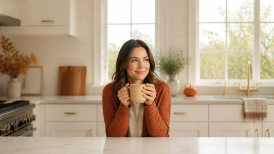 Woman holding a warm spiced coffee in a bright early-fall kitchen.