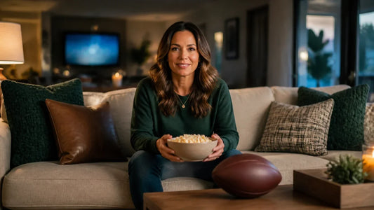 Host sitting in a comfortable living room prepared for a college football watch party.