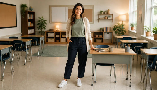 Teacher in a bright classroom wearing a comfortable layered back-to-school outfit