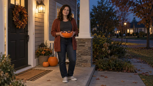 Adult in a layered casual Halloween outfit holding a candy bowl on an autumn porch