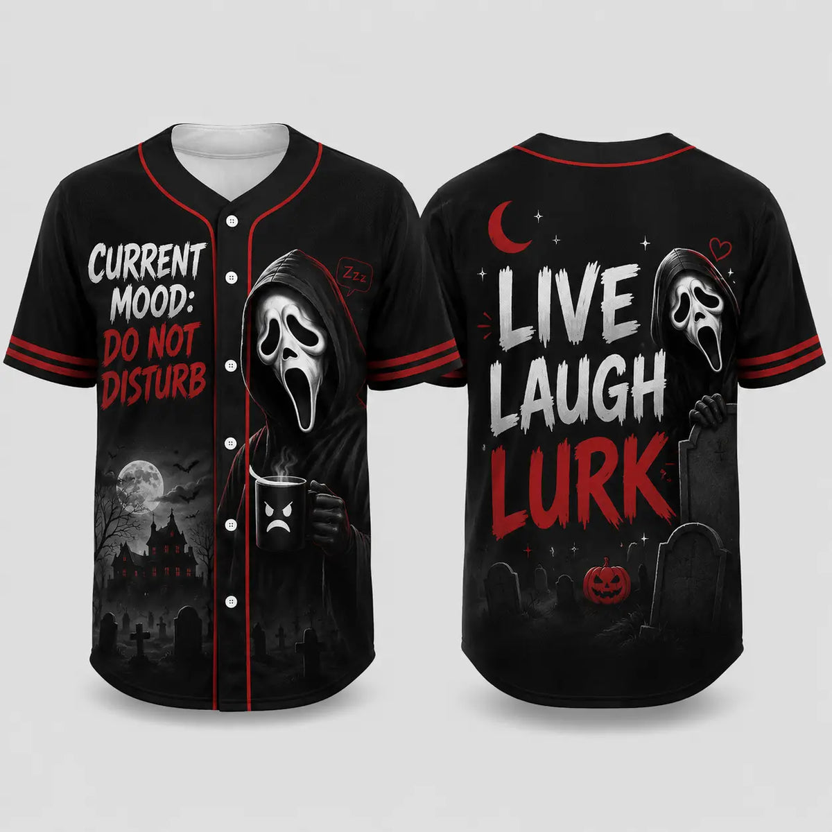 Unisex Horror Graphic Print Baseball Jersey – Slasher Theme Button-Up Shirt