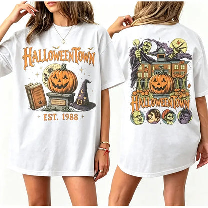 Vintage Pumpkin Witch T-Shirt – Spooky Halloween Double-Sided Graphic Tee