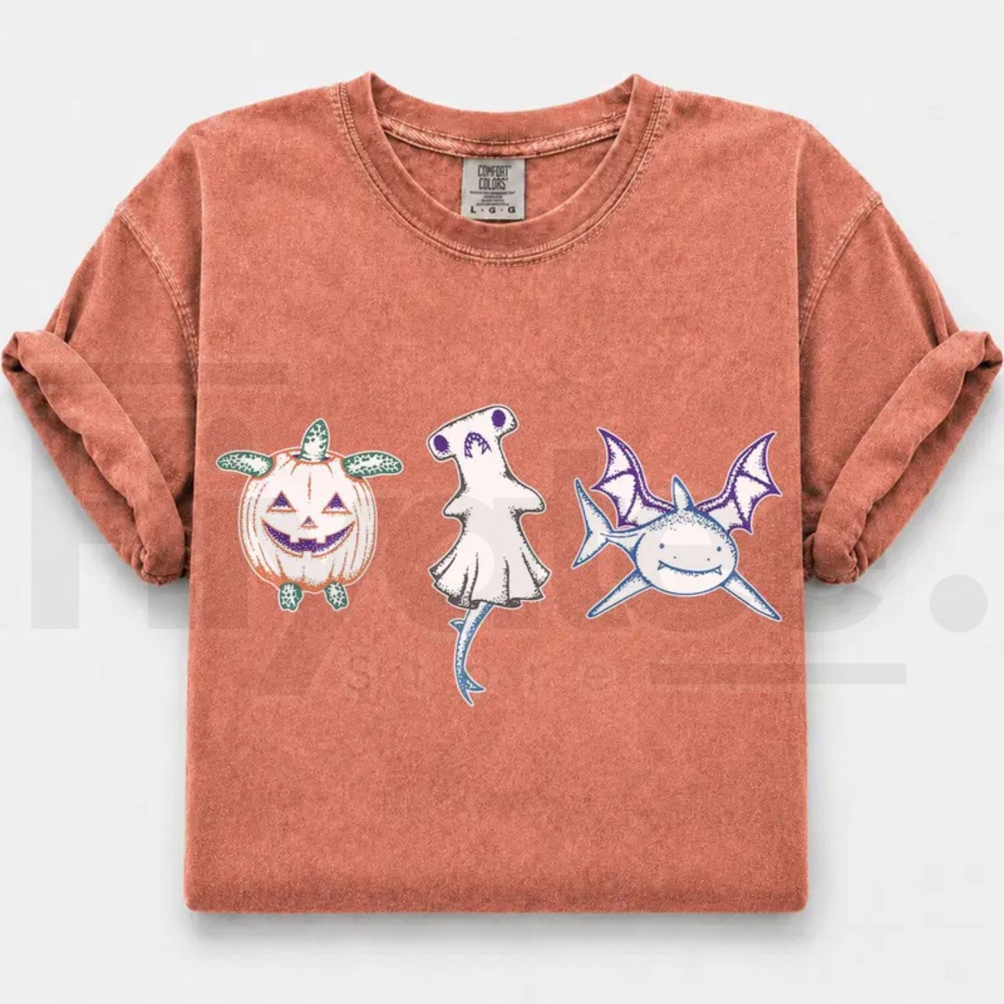 Comfort Colors Halloween Shark Pumpkin Turtle Ocean Graphic Tee