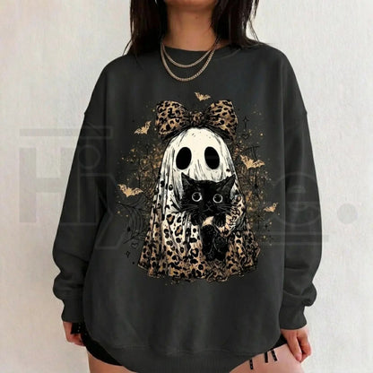 Leopard Ghost Cat Halloween Sweatshirt – Cute Spooky Black Cat Graphic Shirt, Coquette Bow Ghost Fall Outfit