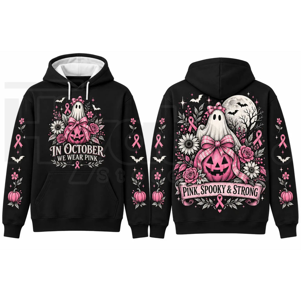 In October We Wear Pink Horror Hoodie – Spooky Movie Character Pink Ribbon Graphic Pullover, Breast Cancer Awareness Halloween