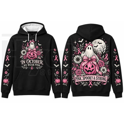 In October We Wear Pink Horror Hoodie – Spooky Movie Character Pink Ribbon Graphic Pullover, Breast Cancer Awareness Halloween