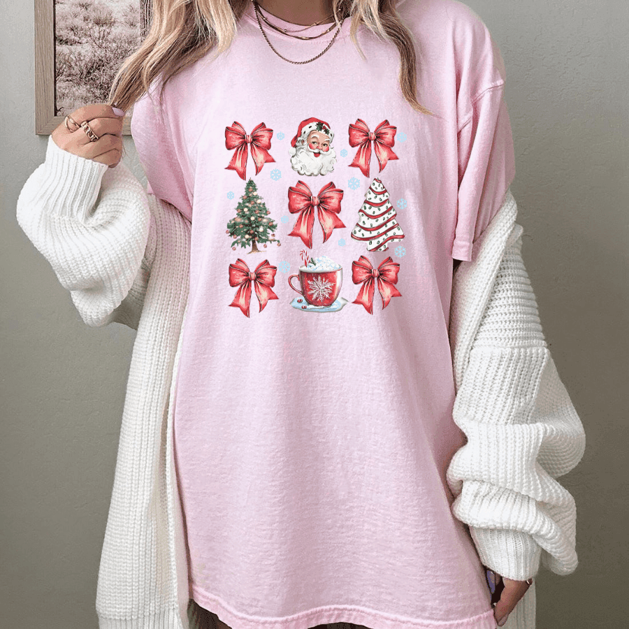 Women's Christmas Themed Print Round Neck Tee, Casual Short Sleeve Crew Neck T-shirt for Summer, Fashion Women's Top for Daily Wear - Hiyatee