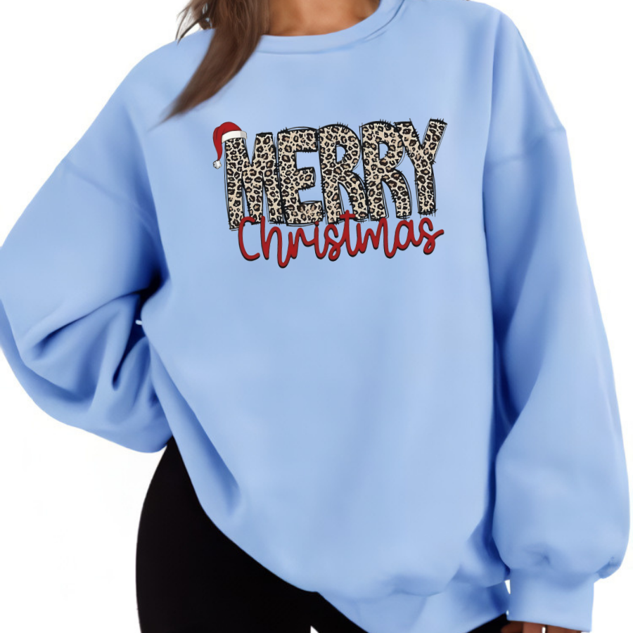 Women's Leopard Letter & Christmas Santa Hat Print Round Neck Pullover – Casual Long Sleeve Crewneck Sweatshirt for Fall & Winter, Women's Clothes for Daily Wear - Hiyatee