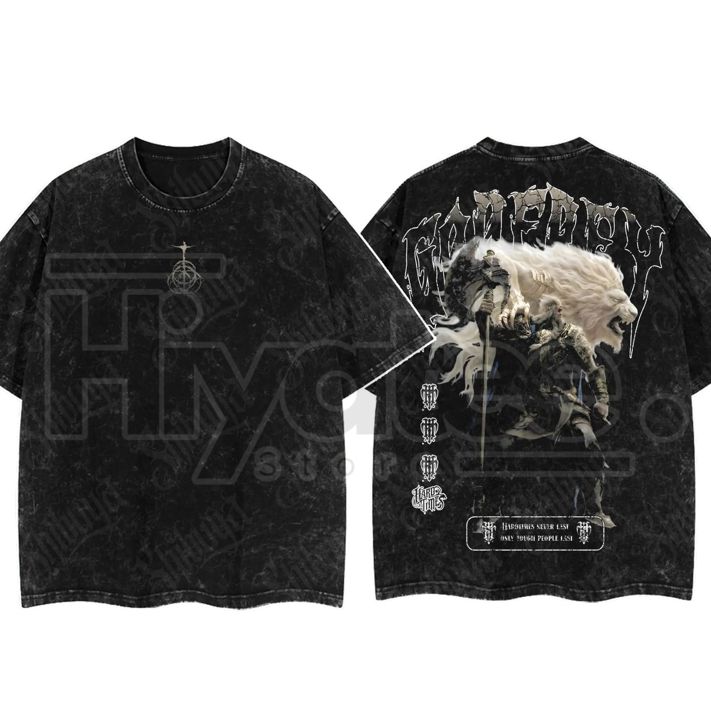 Dark Fantasy Gaming Washed T-Shirt – Oversized Cotton Double Print Streetwear Tee