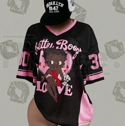 Streetwear Y2K Mesh Breathable American Vintage Doll Print V-Neck Short Sleeve T-Shirt