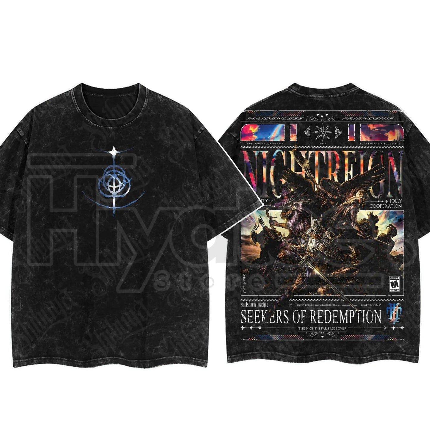 Dark Fantasy Gaming Washed T-Shirt – Oversized Cotton Double Print Streetwear Tee