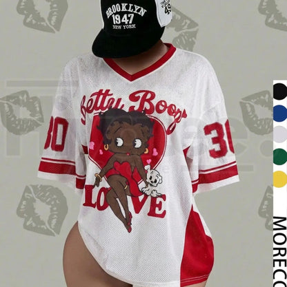 Streetwear Y2K Mesh Breathable American Vintage Doll Print V-Neck Short Sleeve T-Shirt