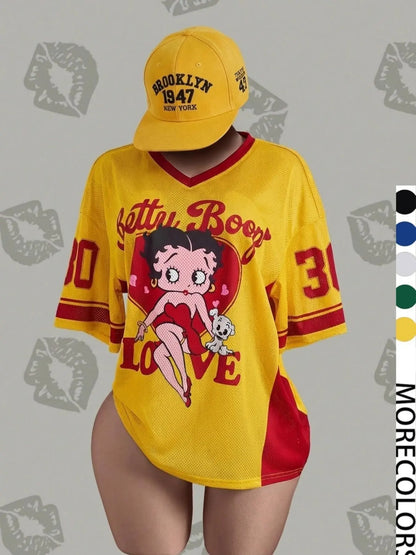 Streetwear Hip-Hop Mesh V-Neck Retro Doll T-Shirt