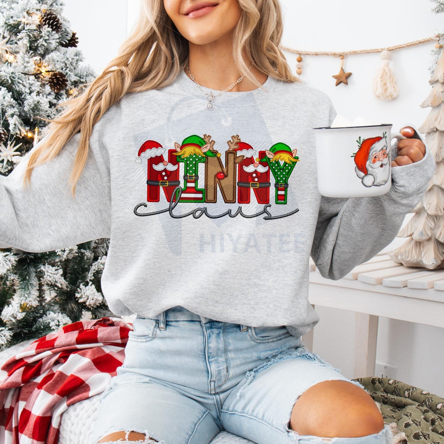 Unisex Faux Embroidery Santa Claus Sweatshirt – Vintage Holiday Pullover, Cozy Christmas Gift