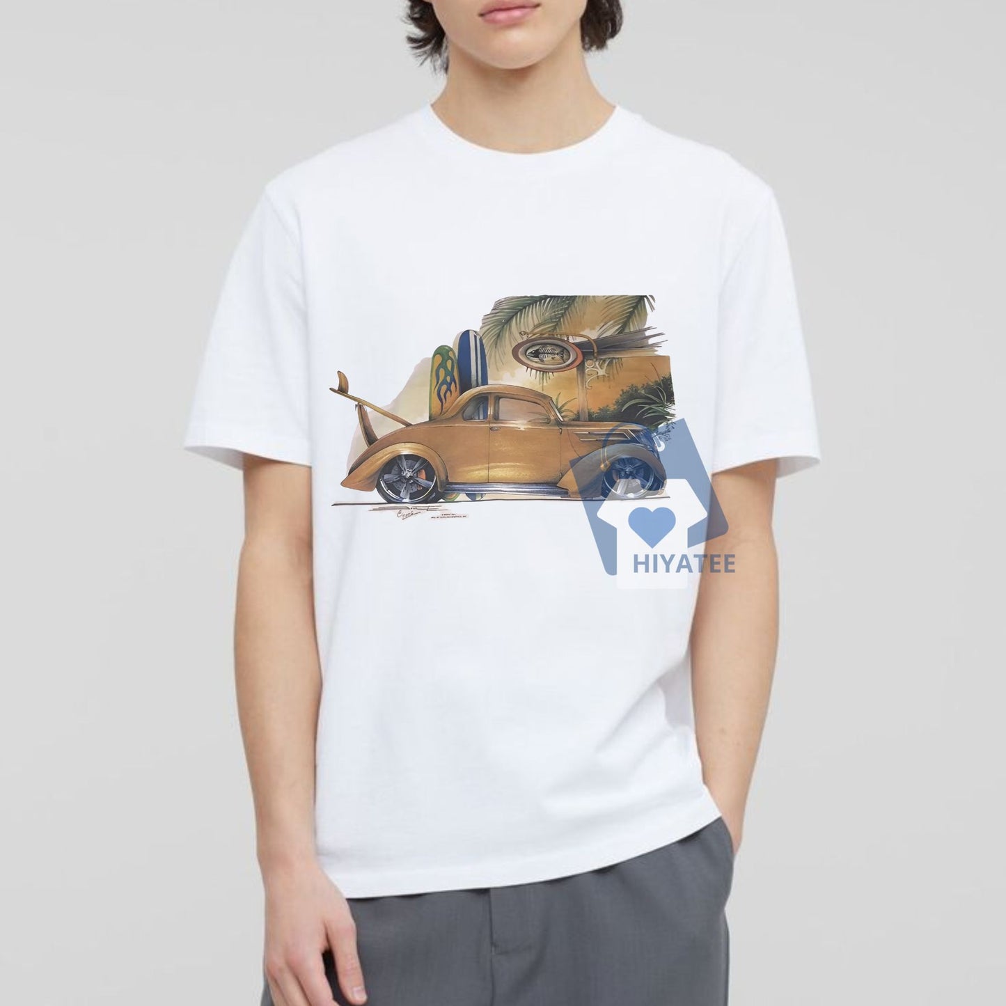 1937 Ford Street Rod Shirt – Vintage Beach Scene Cotton Car Tee-Hiyatee