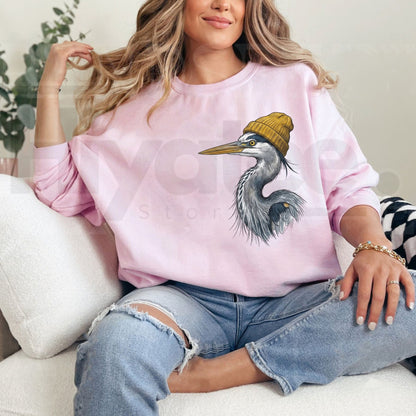 Retro 90s Great Blue Heron In Beanie Sweatshirt, Vintage Birdwatching Graphic Pullover