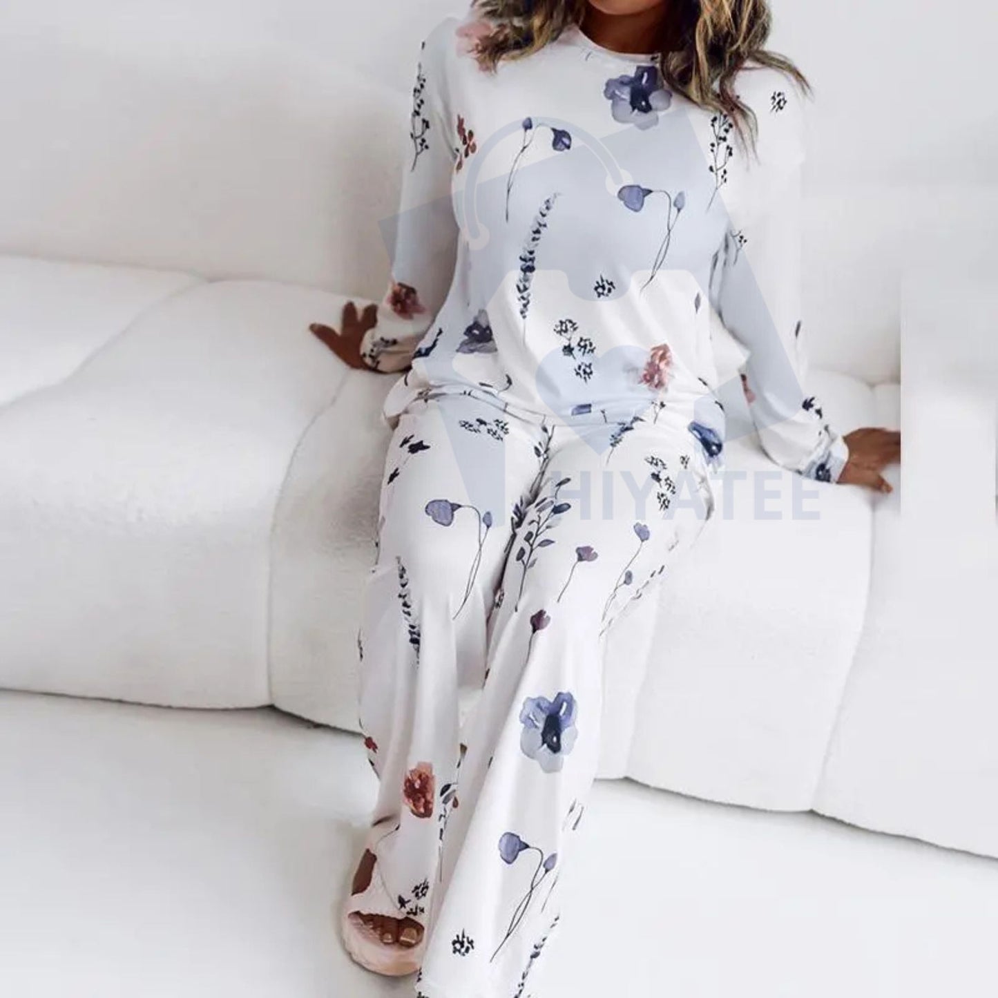 ChicMe Floral Print Satin-Feel Pajama Set with Pockets – Round Neck Long Sleeve Top & Casual Pants