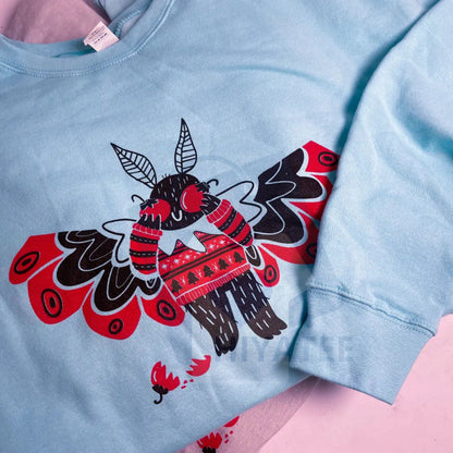 Christmas Mothman Crewneck Sweatshirt: Hand Printed Screen Printing Cotton, Unisex Red Mothman Shirt, Stylish Long Sleeve Streetwear