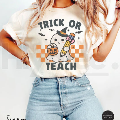 Comfort Colors Teacher Halloween Shirt Retro Ghost Trick or Teach Tee