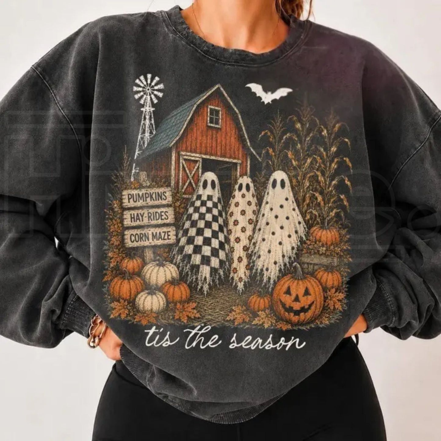 Tis The Season Ghost Trio Sweatshirt: Cute Checkered Floral Polka Dot Ghosts Fall Shirt