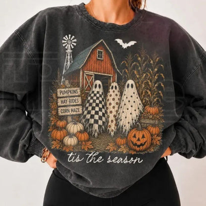 Tis The Season Ghost Trio Sweatshirt: Cute Checkered Floral Polka Dot Ghosts Fall Shirt