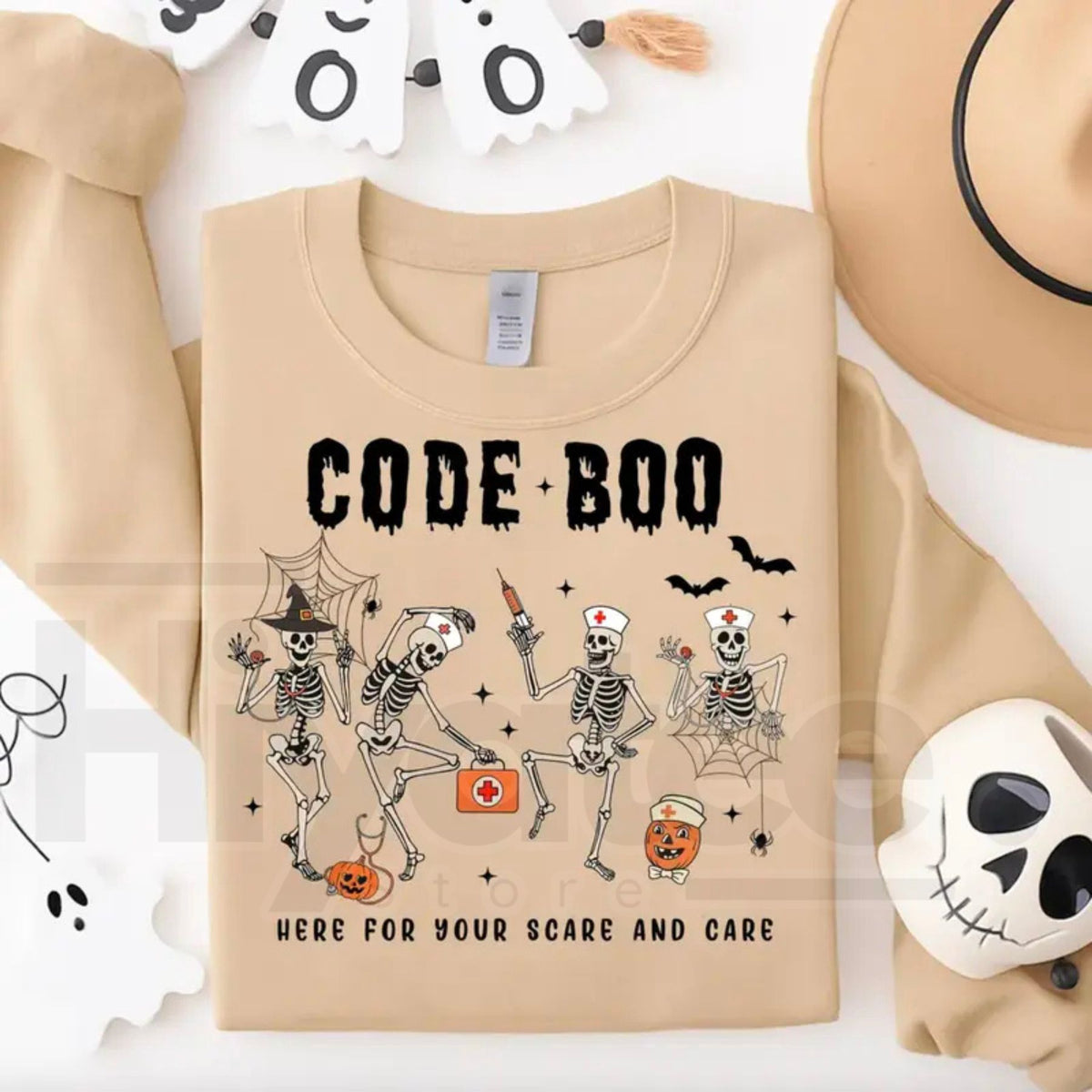 Halloween Nurse Sweatshirt – Code Boo Skeleton Spooky Season Crewneck