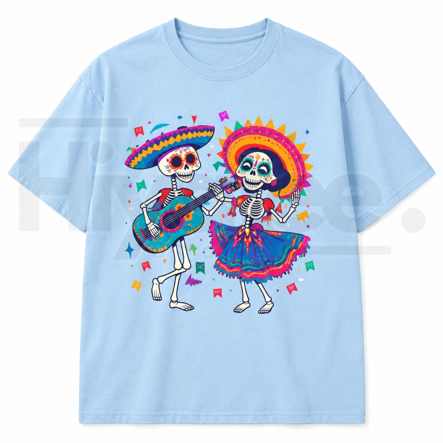 Vibrant Folk Art Skeleton Dance T-Shirt – Colorful Skull & Guitar Spring Summer Graphic Tee