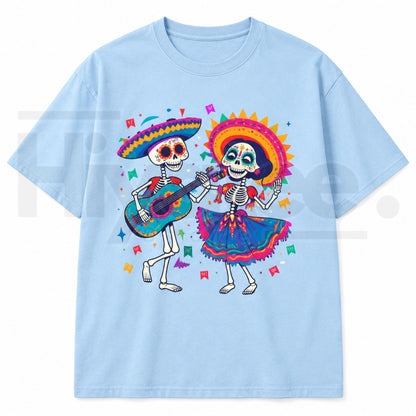 Vibrant Folk Art Skeleton Dance T-Shirt – Colorful Skull & Guitar Spring Summer Graphic Tee