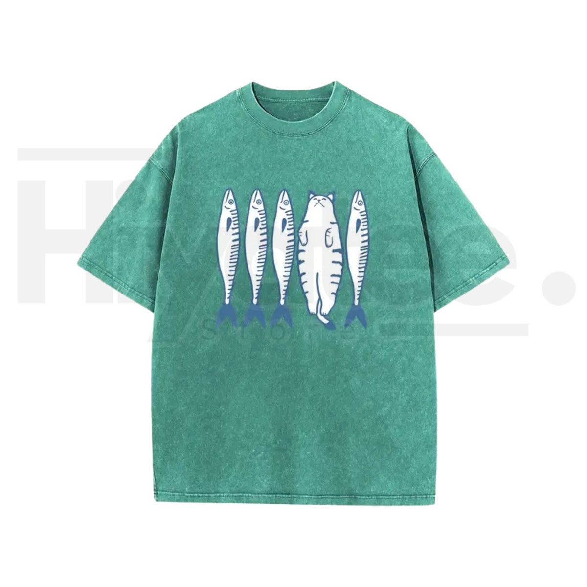 Holafish Cat & Fish Cartoon Vintage Acid Wash T-Shirt – Loose Drop Shoulder Pure Cotton Summer Tee