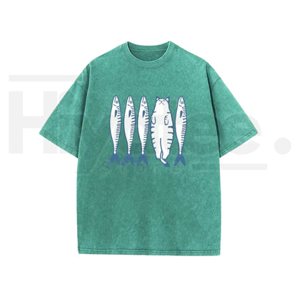 Holafish Cat & Fish Cartoon Vintage Acid Wash T-Shirt – Loose Drop Shoulder Pure Cotton Summer Tee