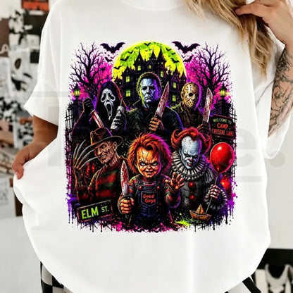Neon Halloween Characters T-Shirt – Spooky Season Horror Movie Tee