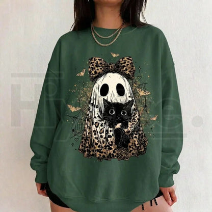 Leopard Ghost Cat Halloween Sweatshirt – Cute Spooky Black Cat Graphic Shirt, Coquette Bow Ghost Fall Outfit