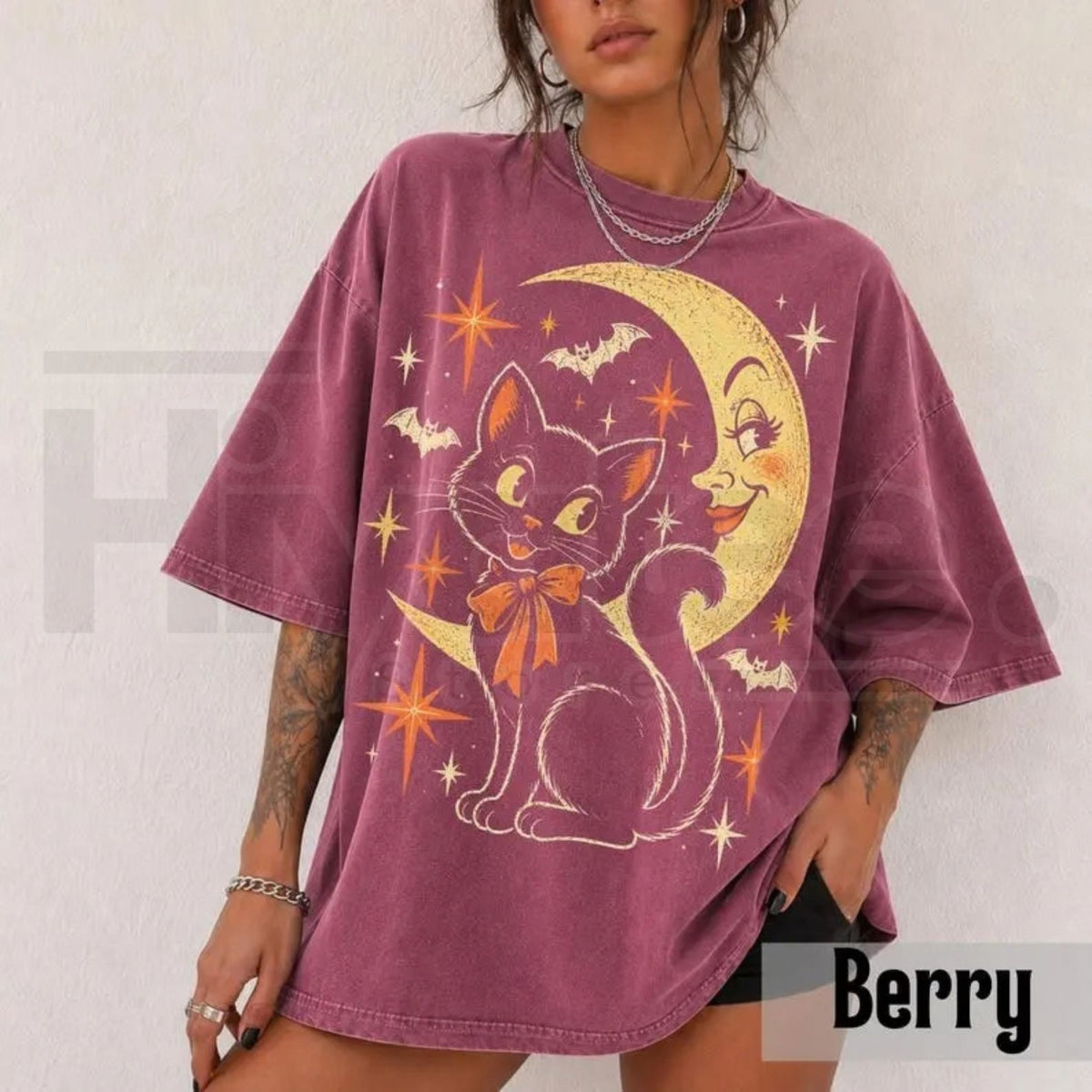 Vintage Black Cat Moon Halloween Tee
