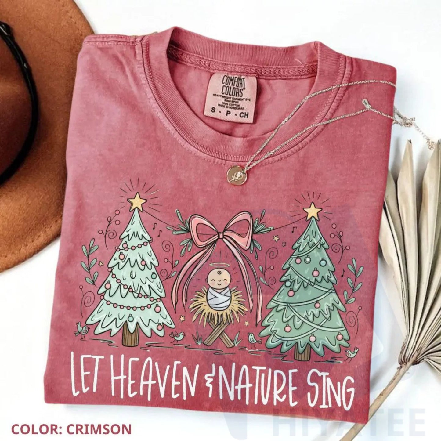 Comfort Colors "Heaven and Nature Sing" T-Shirt – Whimsical Christmas Nativity Bow Trees Tee