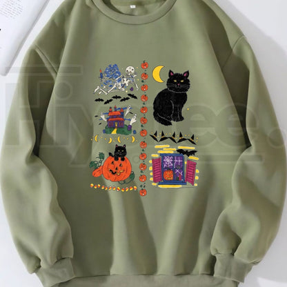 Women's Vintage Halloween Cotton Sweatshirt – Retro Spooky Haunted House Crewneck, 90s Aesthetic Fall Pullover