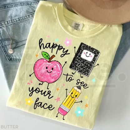 Comfort Colors Happy To See Your Face Shirt – Retro Preschool Teacher Back to School Graphic Tee, Cute Educator Gift
