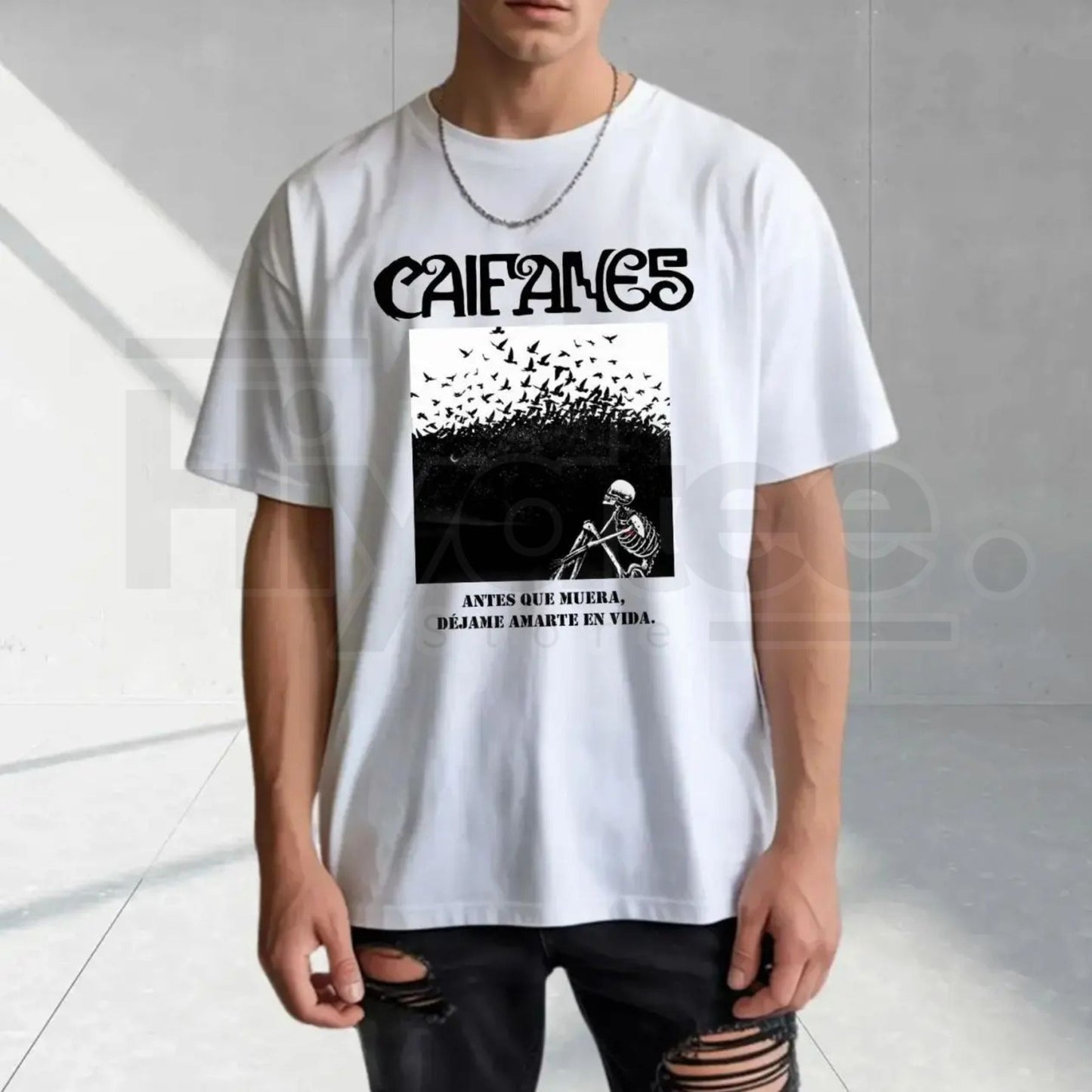 "Caifanes Miedo" – Skeleton Birds & Gothic Letter Graphic Top