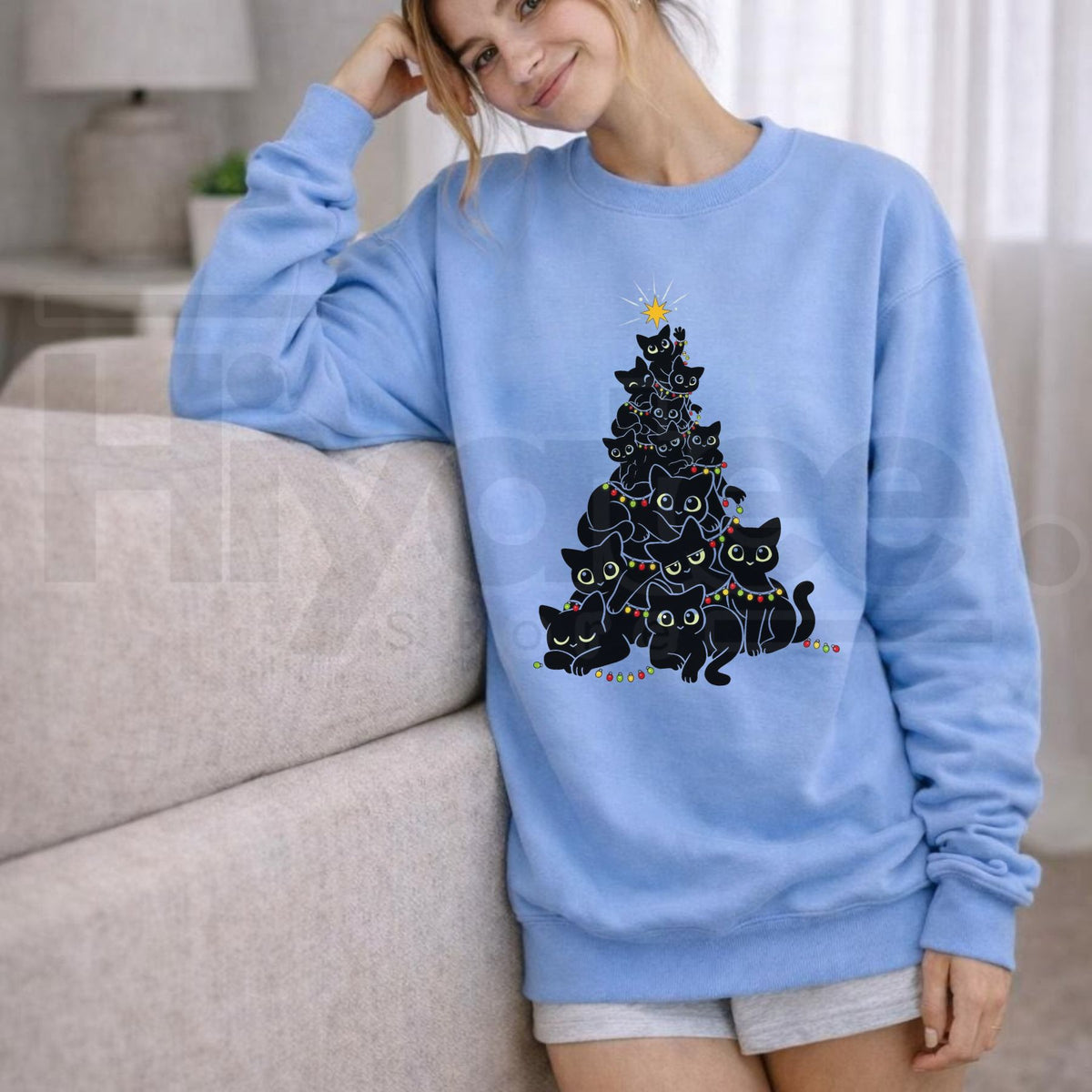Geometric Black Cat Christmas Tree Sweatshirt, Chic Women's Holiday Graphic Pullover