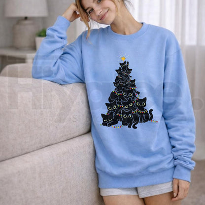 Geometric Black Cat Christmas Tree Sweatshirt, Chic Women's Holiday Graphic Pullover
