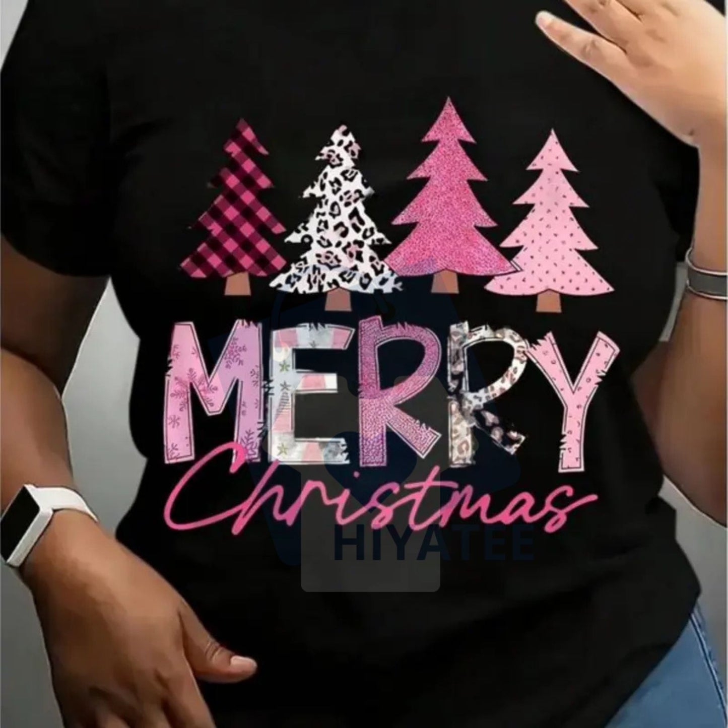 Merry Christmas T-Shirt For Women – Pink Plaid Leopard Print Trees Festive Graphic Tee