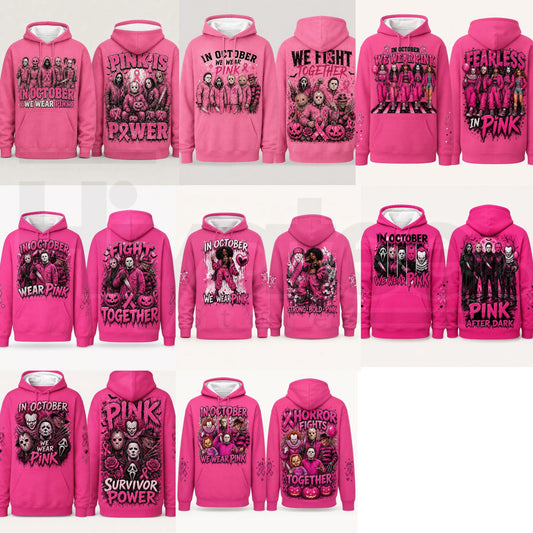 Pink Horror October Hoodie – In October We Wear Pink Scary Movie Character Pumpkin Bat Graphic Pullover