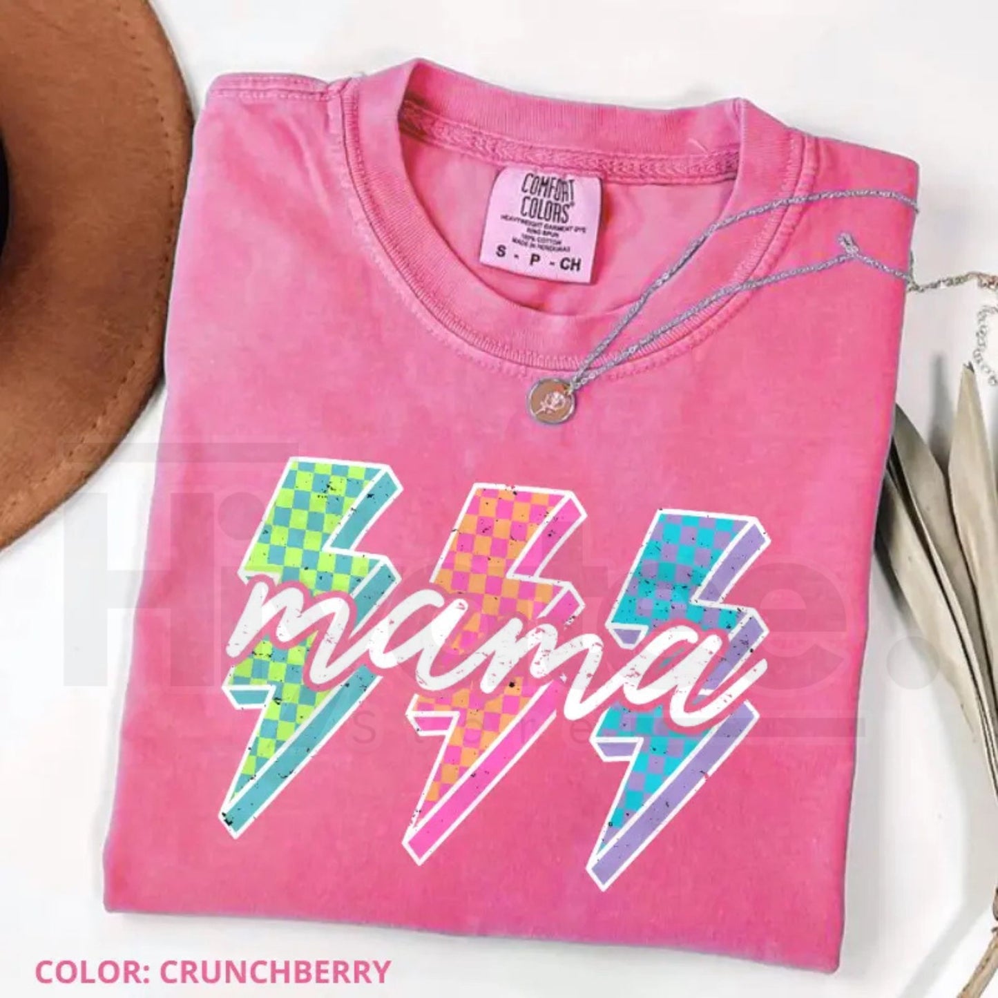 Comfort Colors® Lightning Checkered Neon Mama T-Shirt – Trendy Rock Mom Bolt Tee