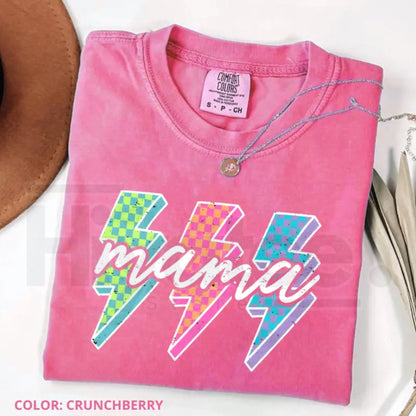 Comfort Colors® Lightning Checkered Neon Mama T-Shirt – Trendy Rock Mom Bolt Tee