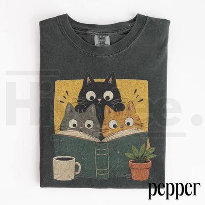 Retro Curious Reading Cats Graphic Tee Comfort Colors Book Lover Shirt
