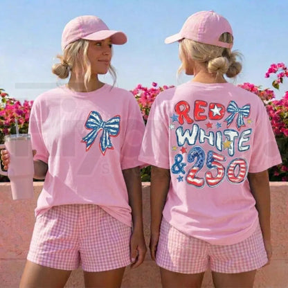 Comfort Colors Red White and 250 Shirt – America 250th Anniversary Patriotic Bow Front and Back Print Tee, 4th of July Outfit