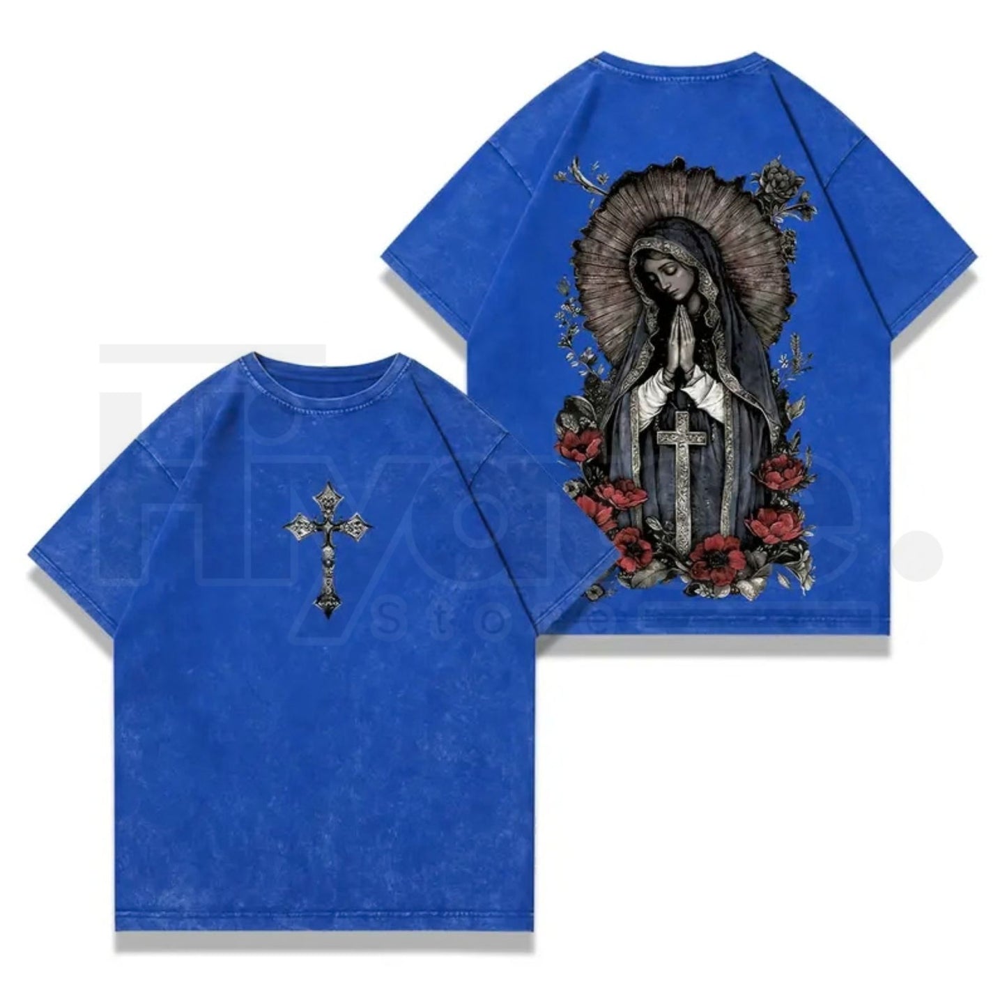 Virgin Mary Graphic T-Shirt – Washed Black Heavy Cotton Gothic Streetwear Tee