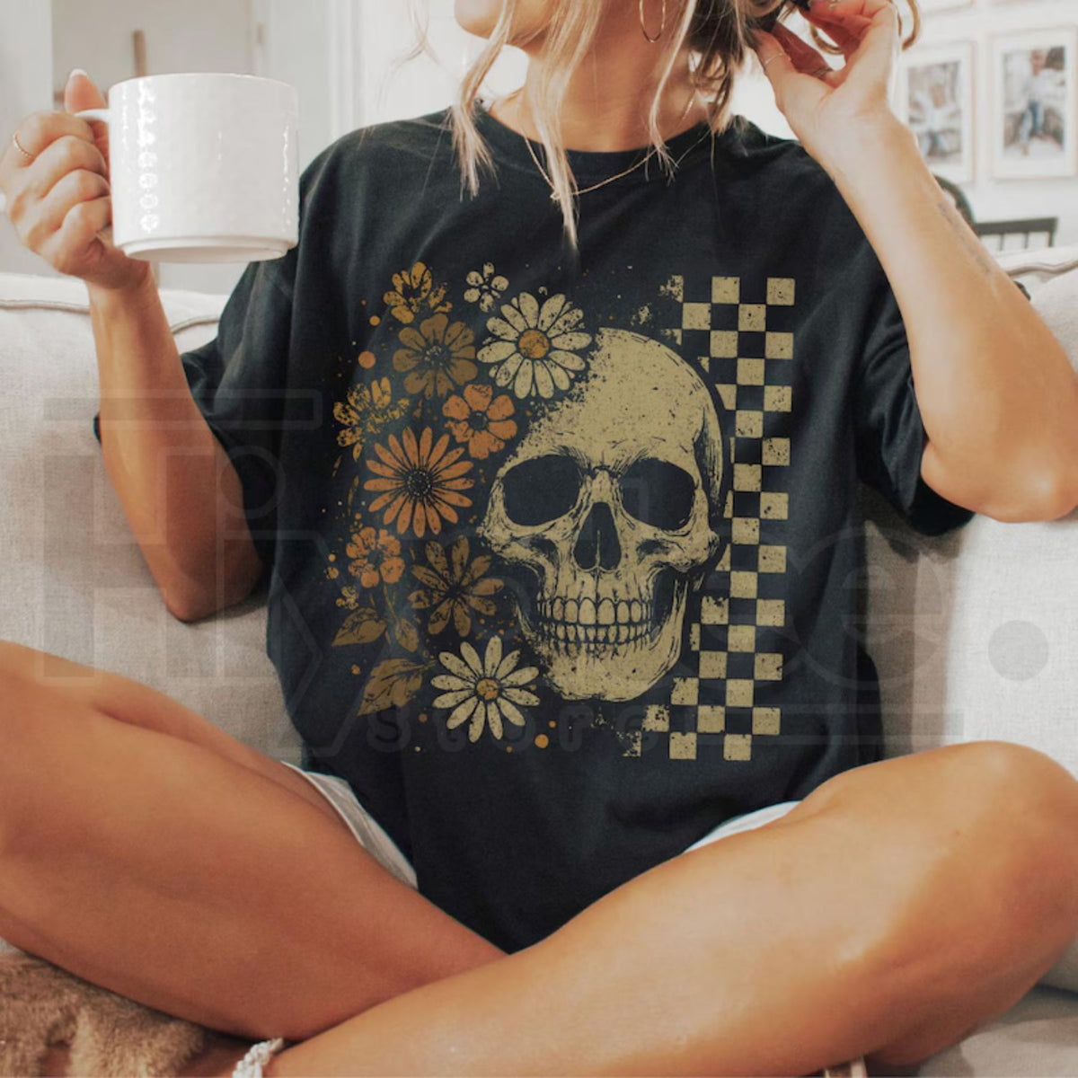 Boho Skull Graphic Tee Vintage Grunge Retro Summerween Spooky Halloween Shirt