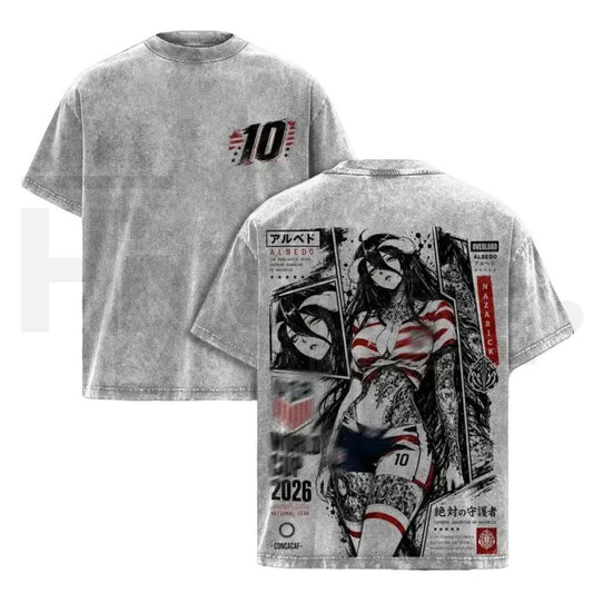 Albedo Overlord Double Printed Vintage T-Shirt – Japanese Irezumi Tattoo Style World Football Tour 2026 Oversized Tee